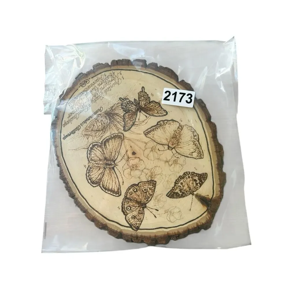 Hand painted Butterflies Wood Burning Plaque Live Edge Basswood‎ Oval Roels